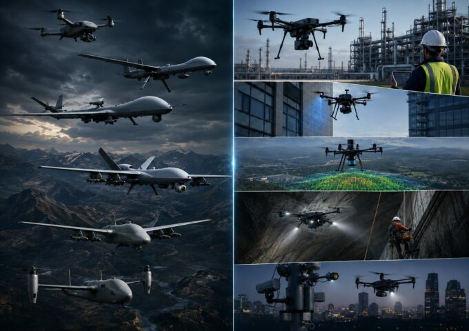 Divers images de drones militaires et civils pouvant être équipés de packs batteries conçus par Williamson Electronique