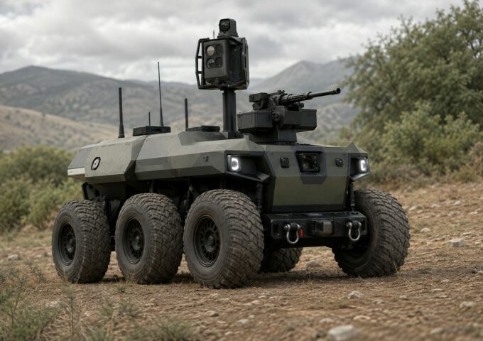 Drone terrestre militaire autonome équipé en batteries